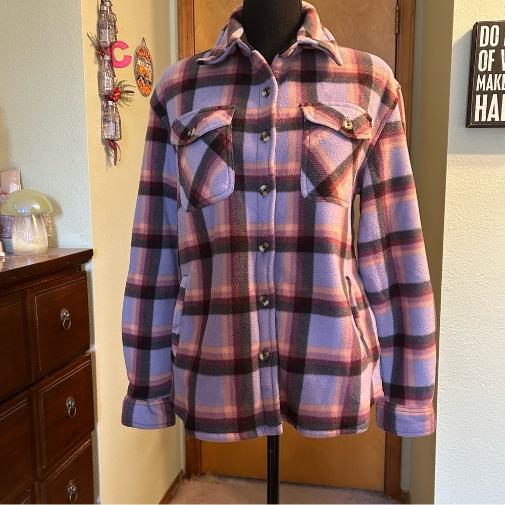 Sage Collective purple plaid fleece shacket Sherpa lined size S cabincore casual